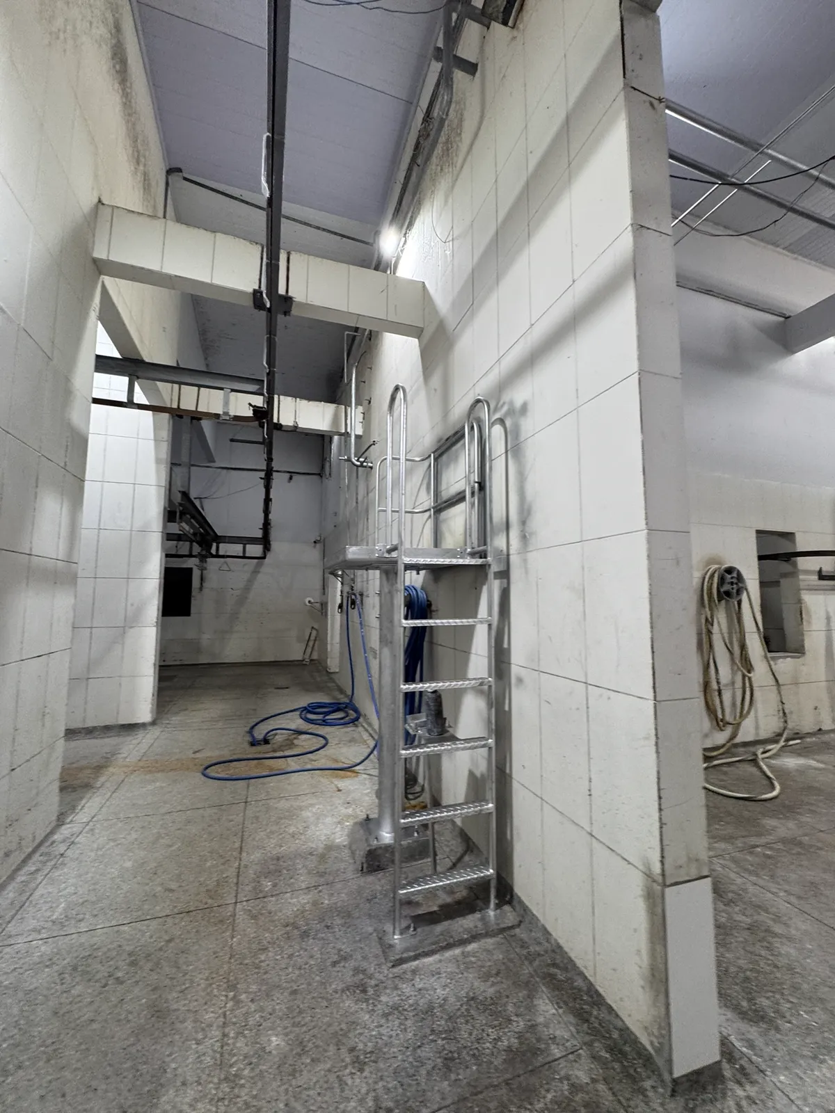 Área de processamento higienizável, com escada de inox e mangueiras.