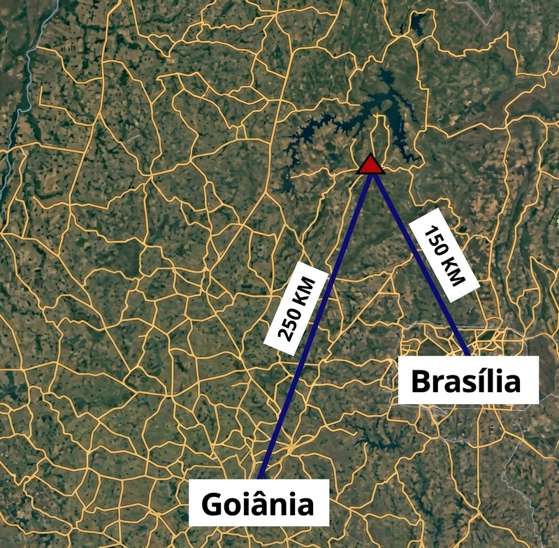 Mapa com as distâncias da planta até Brasília e Goiânia.